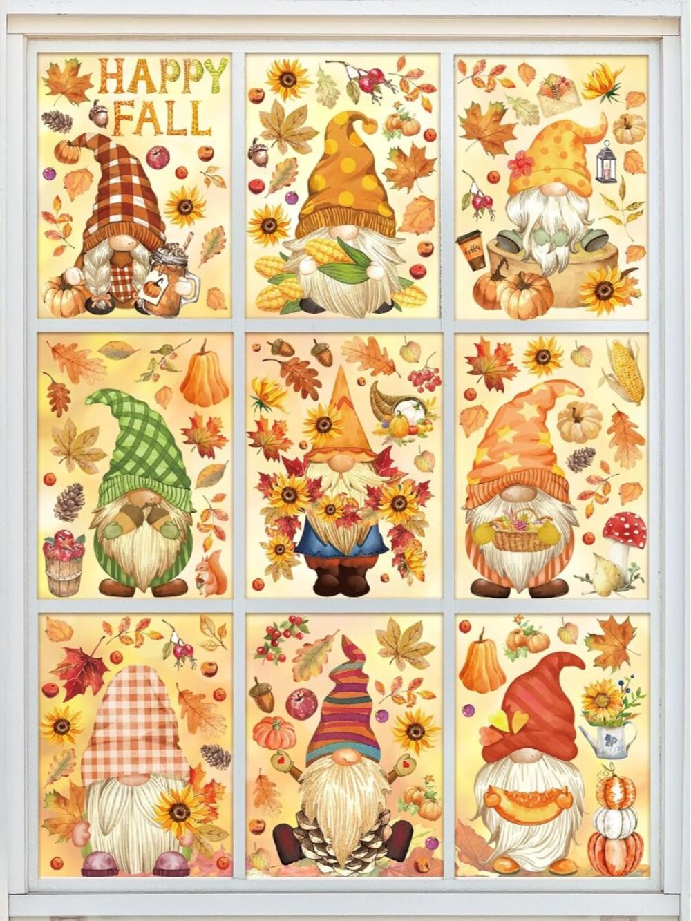 Fall Harvest Gnome Window Clings Watercolor Sunflowers Pumpkin PVC Stickers for